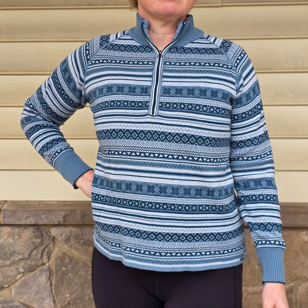 Eddie Bauer Quarter Zip Sweater Fair Isle Knit L Hiking Outdoors Gorpcore Blue